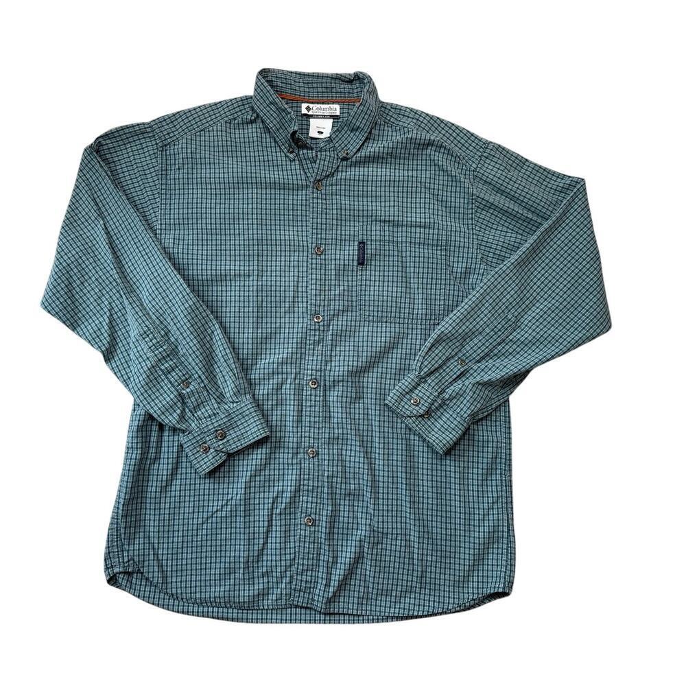 Columbia Mens Long sleeve button Blue Plaid shirt; 100% Cotton. Large; Vintage